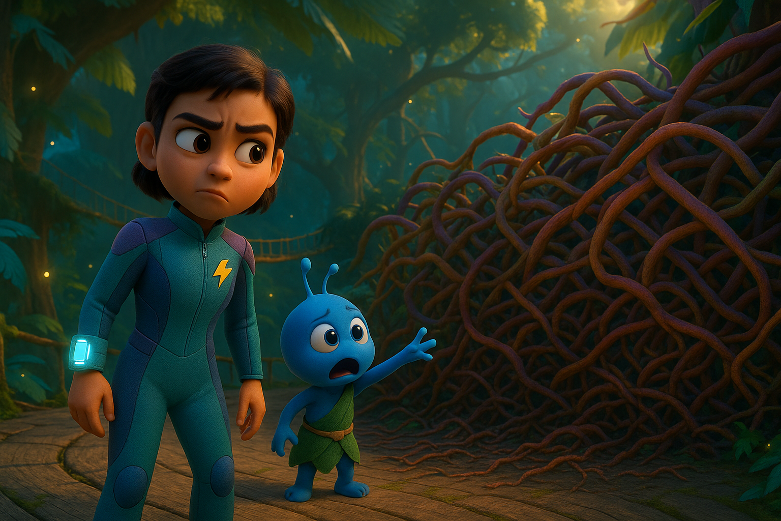 Doz staring at a tangle of vines