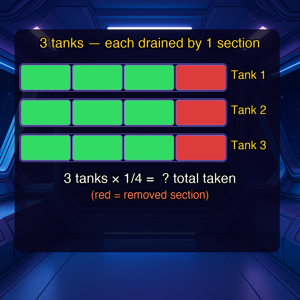 Three tanks each losing a quarter